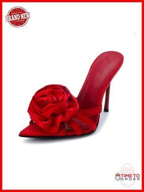 Women's Satin 3D Rose Stiletto Heel Mule Sandals Pointed Toe Party Heels